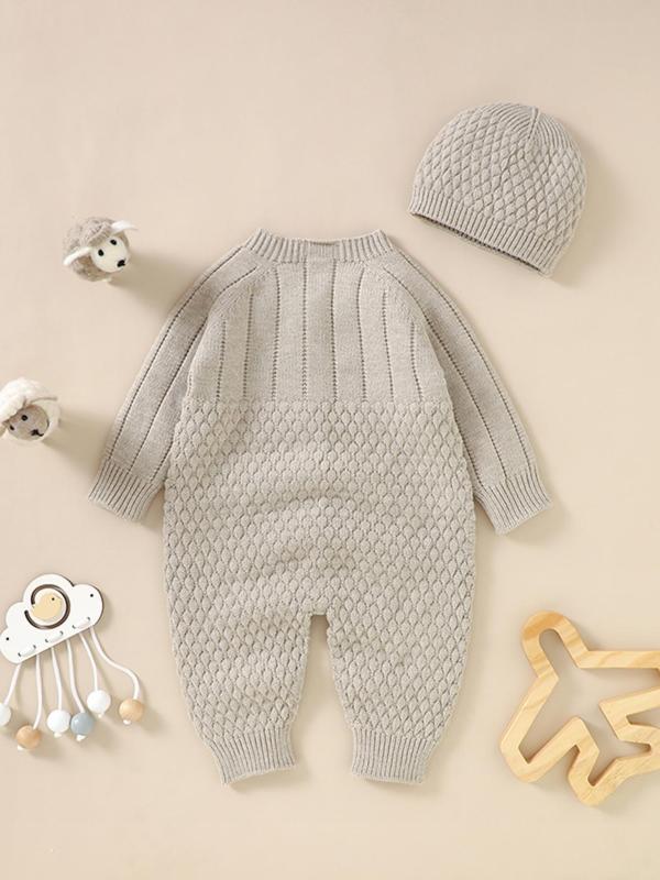 Baby's Solid Long Sleeve Button Front Sweater Onesie & Beanie Hat, Cute Raglan Sleeve Round Neck One-piece Knitwear Set, Newborn Infant Kid's Fall & Winter Clothes, Two Piece Set Winter Co Ord Sets, Baby Clothes, Baby Clothing Winter 2