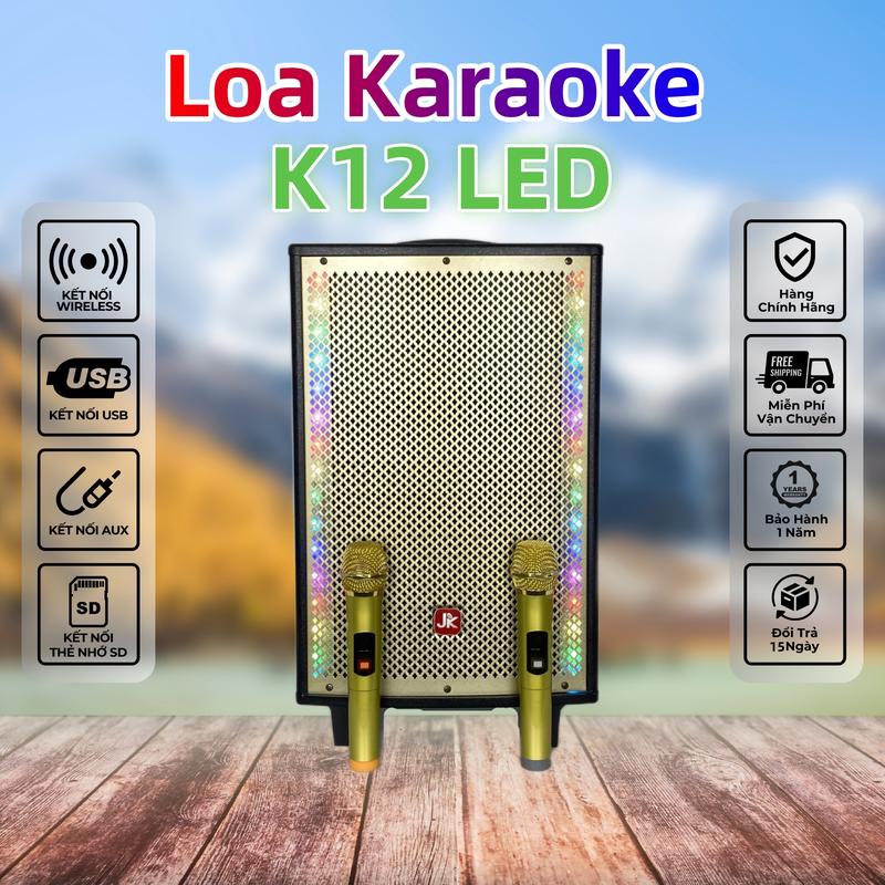 JK-K12 200W Loa kéo Karaoke Di Động Nghe Nhạc Xách Tay Bluetooth Bass 30cm, LED tạo hiệu ứng 8 chế độ, tặng kèm 2 Micro không dây, Loa gia đình, Loa ngoài trời