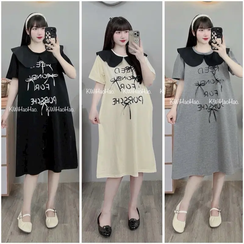 Đầm Bầu Chữ Nơ Cổ Bèo Xuông A Coton Co Dãn 4c bầu Bí xinh