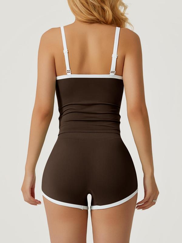 Women's Contrast Binding Cami Top & High Waist Shorts Loungewear Two-piece Set, Casual Comfy Cami Top & Shorts Pj Set, Ladies Summer Sleepwear 6