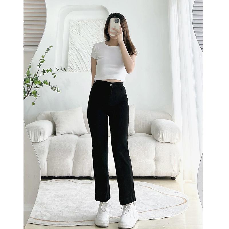 Quần Jean Ống Đứng GẤP LAI Dáng Suông Hàn Quốc Màu Đen Nữ Leda - Quần Bò Ống Đứng Co Dãn