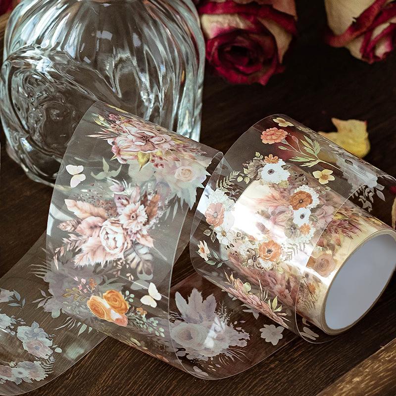 Vintage Flower Pattern PET Tape, 1 Roll DIY Decorative Tape, Scrapbooking & Journal Making Material Tape, Office Stationery & Supplies 3