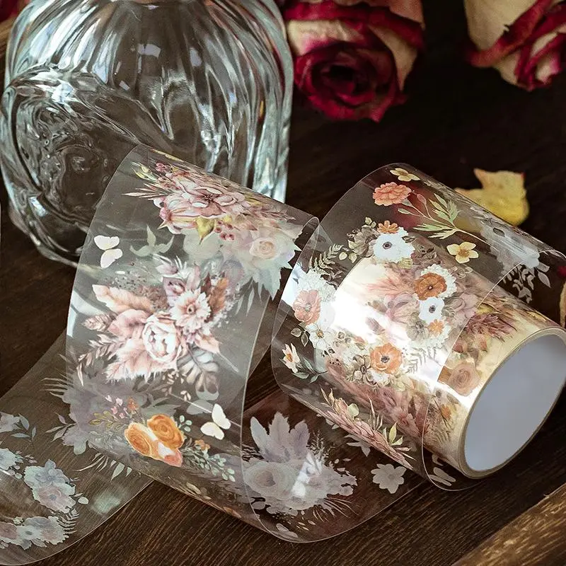 Vintage Flower Pattern PET Tape, 1 Roll DIY Decorative Tape, Scrapbooking & Journal Making Material Tape, Office Stationery & Supplies 3