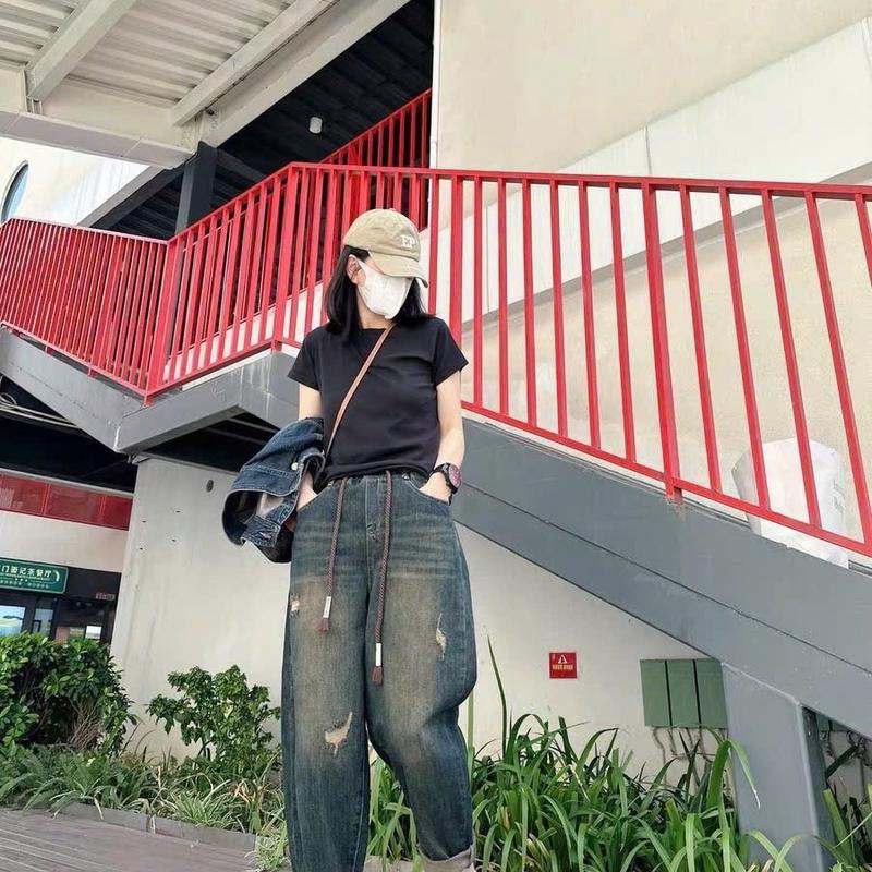 QUẦN BAGY DÀI jeans bò giặt mềm phom dáng baggy thụng hoạ tiết trang trí rách cạp cao lưng thun 3 size s-5xl từ 40-90kg có bigsize