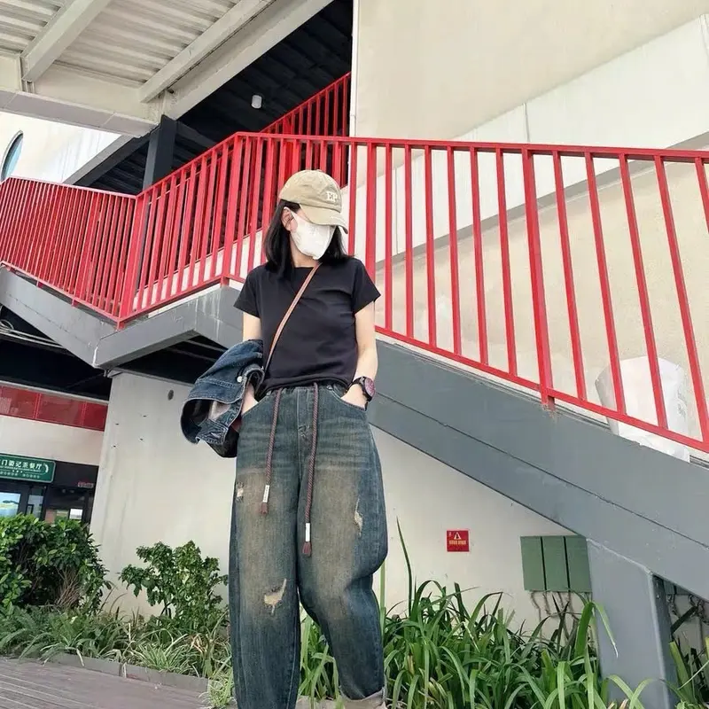 Quần baggy jeans bò giặt mềm phom dáng baggy thụng hoạ tiết trang trí rách , cạp cao lưng thun 3 size s,m,l từ 40-74 kg