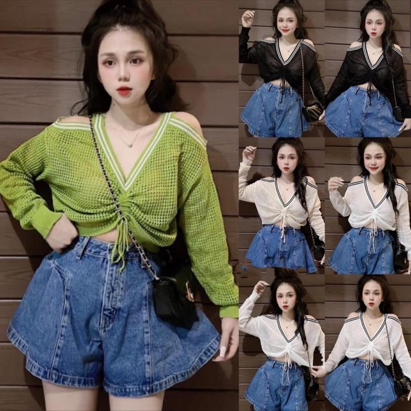   KO KÈM ÁO TRONG  Áo Dệt Kim Tay Dài Hở Vai Cổ V Xinh Bằng Lụa Lạnh Chống Nắng Mùa Hè  Tiệm đồ nhà Lotus  