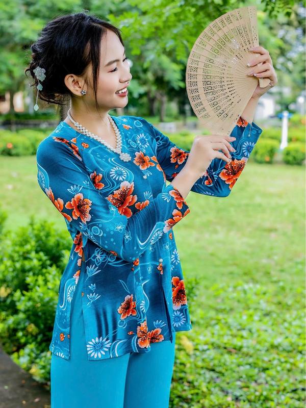 Bộ Bà Ba In Hoa Mai Cúc Cỗ Chữ V Chất Vải Thun 4 Chiều Bộ Trung Niên Cho Mẹ Đủ Màu Chất Vải Co Dãn Thoáng Mát - Cúc Dưỡng Nữ Sen