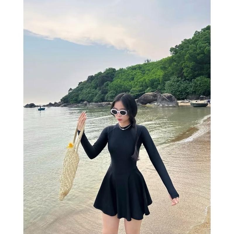 ￼đồ bơi nữ , bikini liền thân dây kéo tay dài đen, dây kéo mặt sau áo chống nắng thời trang BIKINI 360 5