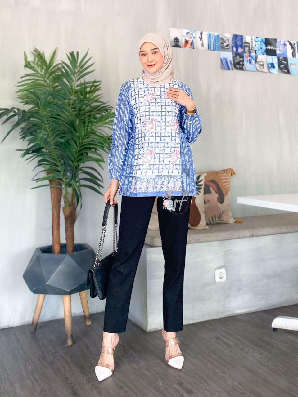 RANIA blouse batik kerja atasan batik wanita baju batik soft pastel Katun Panjang Kantor Formal Casual Salur