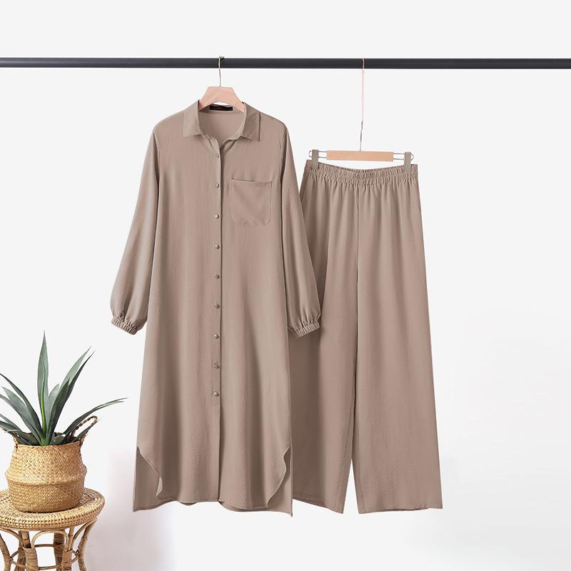 Product Introduction of Hot Sale Muslim Women's Wear Discount for Arabic Style Two-Piece Suit Spring and Autumn New Long Sleeve Shirt Trousers Suit 15