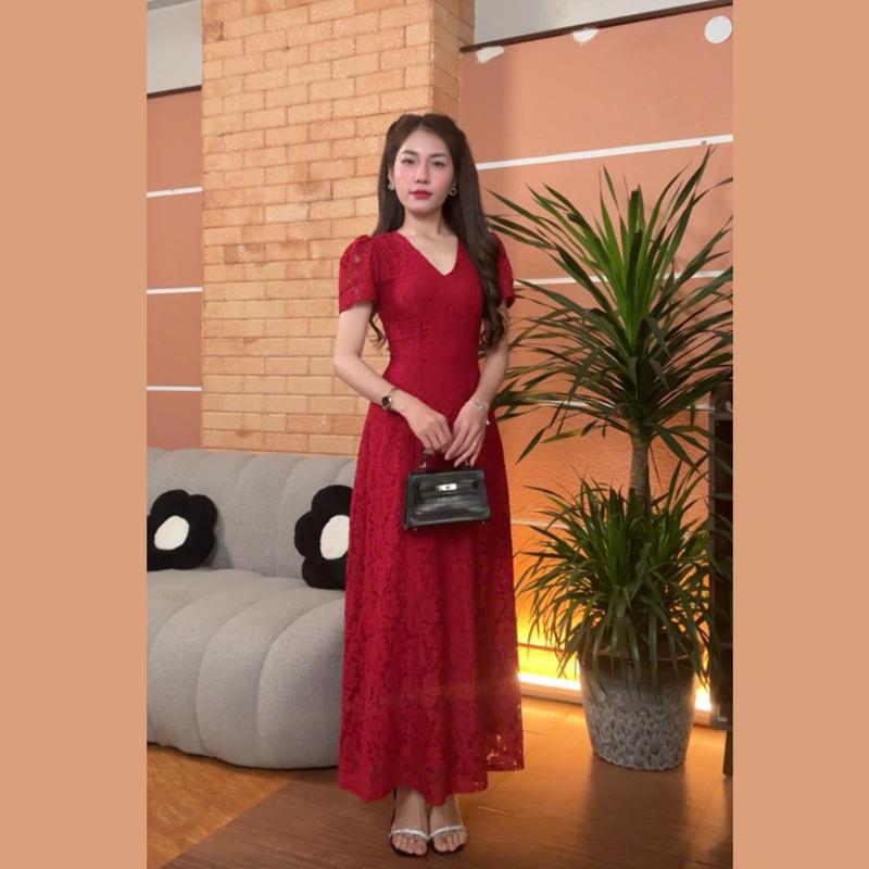 NAVI --- Đầm Dự Tiệc Cổ Tim Tay Ngắn Chất Ren Chỉ Cotton Đàn Hồi Nhẹ Thiết Kế 2 Lớp Xịn Sò - Phù Hợp Dự Tiệc - Mặc Tết - Nữ - Women Dress