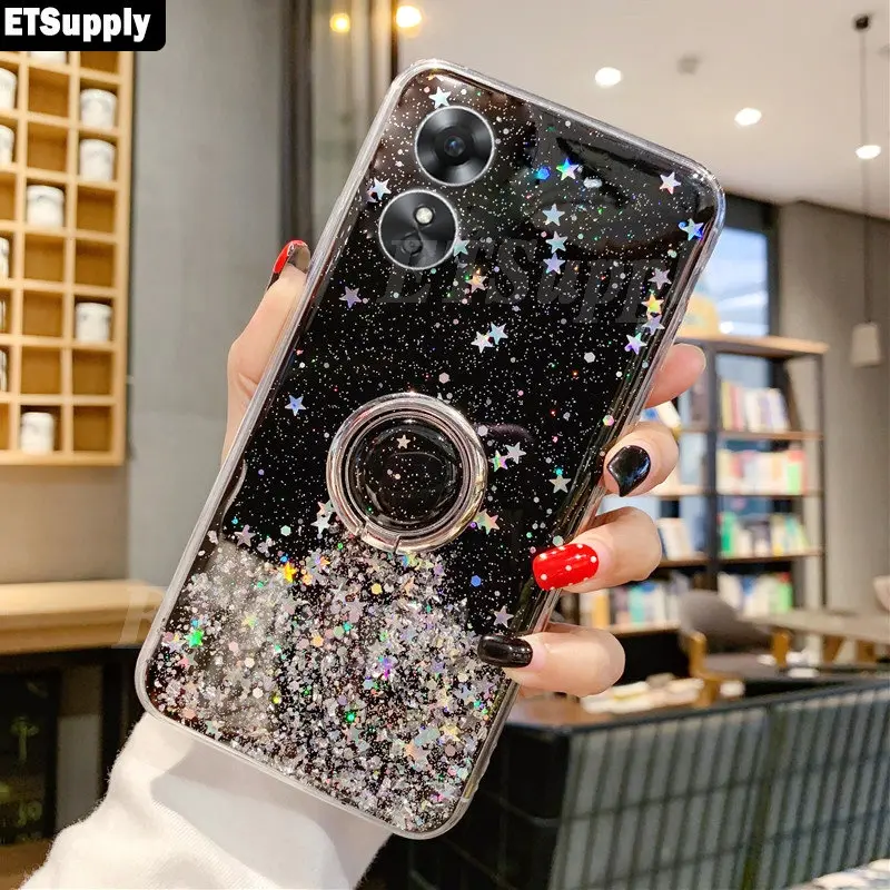 Case Oppo A17 A17K Clear Bening Motif Gliter Bling Bling Ring Standing Silikon Cover Casing Handphone 2
