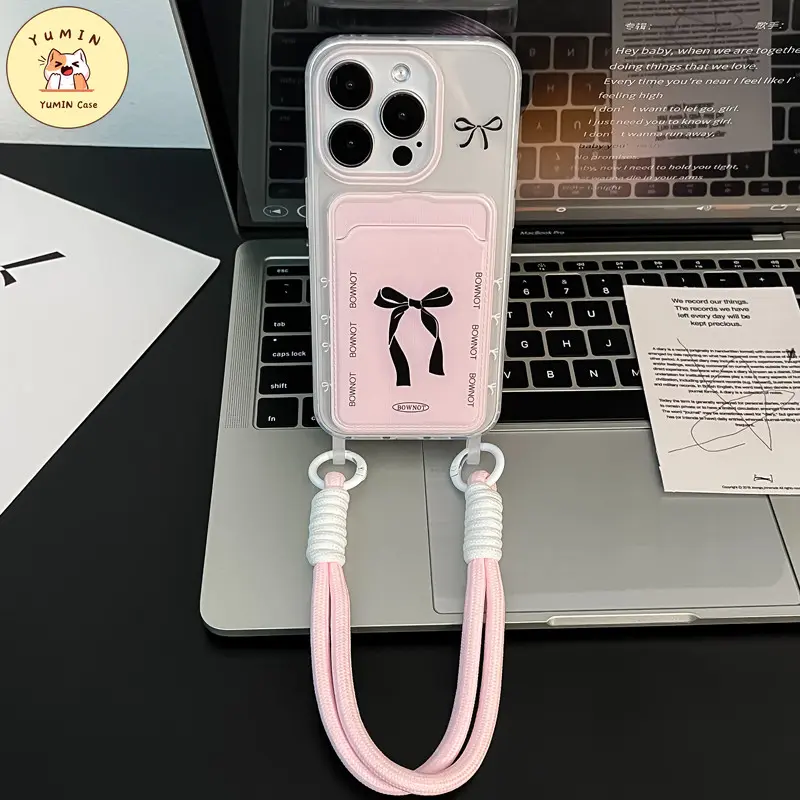 Casing Tempat Kartu Dompet Simpul Pita Hitam Lucu Kompatibel Untuk IPhone 11 13 15 12 14 Pro Max XR X XS Max 7 8 15 Plus 7Plus SE 2022 Fashion Kreatif Mewah Penutup Lembut 2