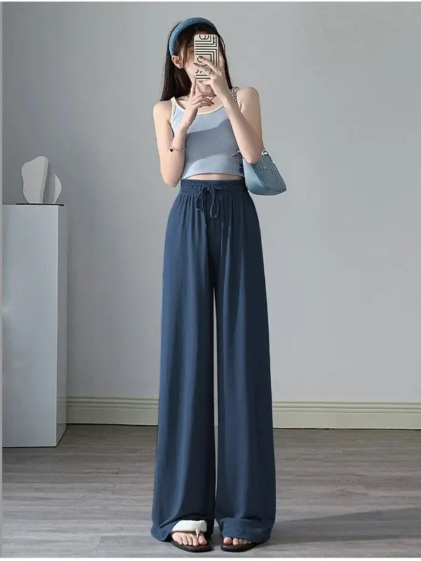 Quần tăm suông ống rộng có Bigsize vải tăm lạnh siêu mát, quần ống sớ co giãn dáng dài mềm rủ có túi quần kèm dây rút eo 4