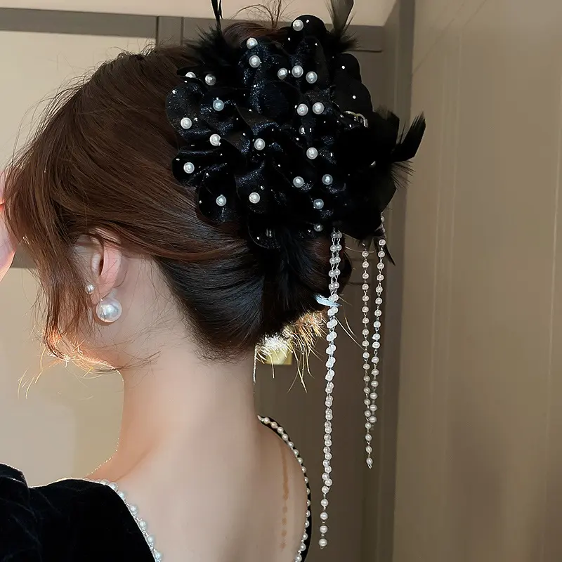 Kẹp Tóc Lưng Đầu, Phong Cách Thanh Lịch Cao Cấp, Cỡ Lớn, Dành Cho Nữ, Mùa Thu Và Mùa Đông, Làm Bằng Vải, Thiết Kế Lông Vũ Hoa Và Ngọc Trai Giả, Kiểu Kẹp