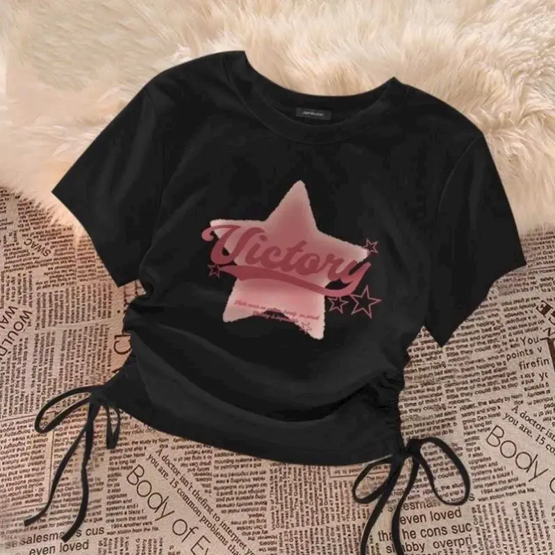 Áo thun borip croptop dây rút hai bên star  Áo  Croptop Thun Ngắn Tay  Cổ Tròn Nữ Cotton