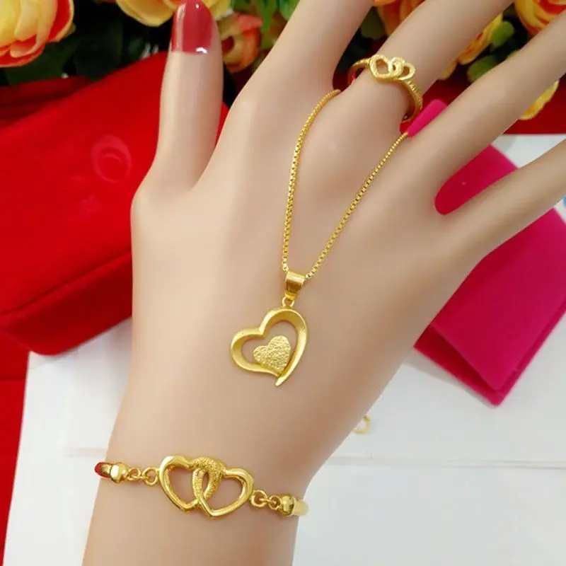 New Alluvial Gold Necklace Ring Bracelet Women's Three-Piece Set Alluvial Gold Mind Act upon Mind Pendant Fashion Jewelry Bride Suit Women aggie  ring cubic  zirconia theevilring chrome hearts  brackets