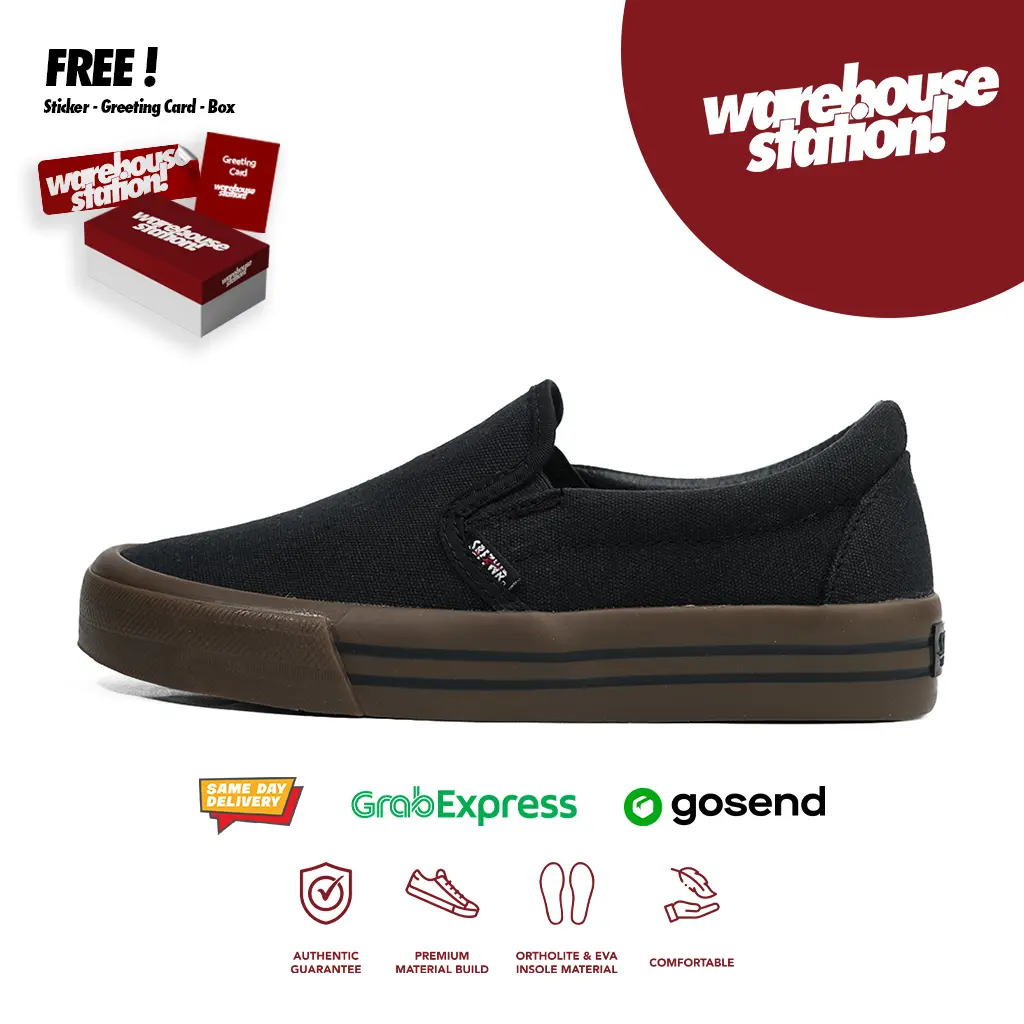 SABA Vintage Slip On ALL Black Dark Gum - Sepatu Sneakers Casual Pria Wanita