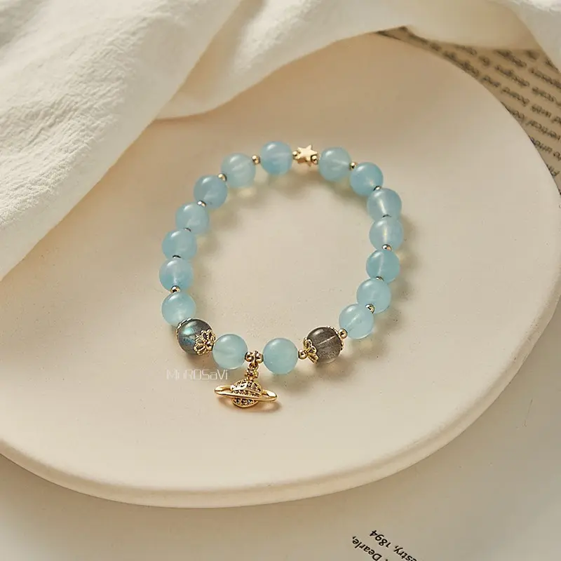 Vòng Tay Pha Lê Aquamarine, Dành Cho Phụ Nữ, Thiết Kế Đơn Giản, Đá Mặt Trăng Xám, Hạt Màu Xanh Lam, Đồ Trang Sức Vòng Tay Đính Cườm Thủ Công 1