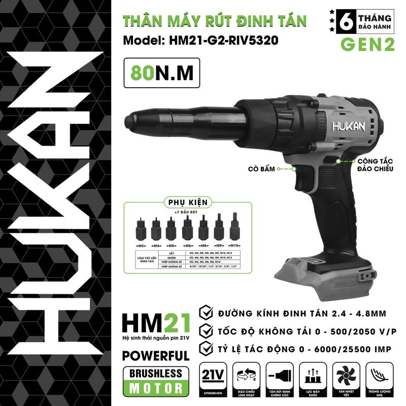 THÂN MÁY RÚT ĐINH TÁN RIVE DÙNG PIN HUKAN - HM21-G2-RIV5320 - MÁY XÂY DỰNG HỒNG NHIÊN - rive, rút rive pin