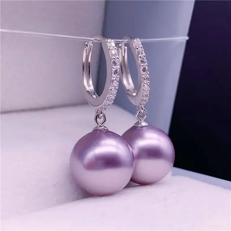 925 Sterling Silver Diamond Hoop Earrings Tahitian Black Pearl Purple Pearl Earrings Studs Fashion Drop Earrings Gift for Mom