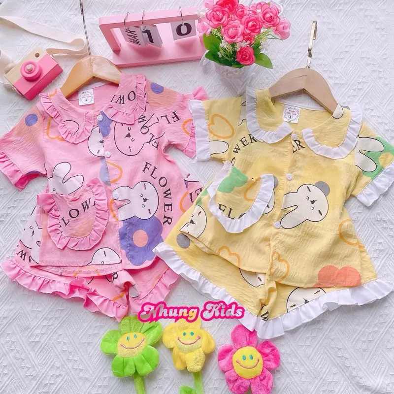 (8-17kg) Bộ pijama cổ tiểu thư Quần ngắn chất vải cotton Hàn mềm mát cho bé gái dưới bốn tuổi 0