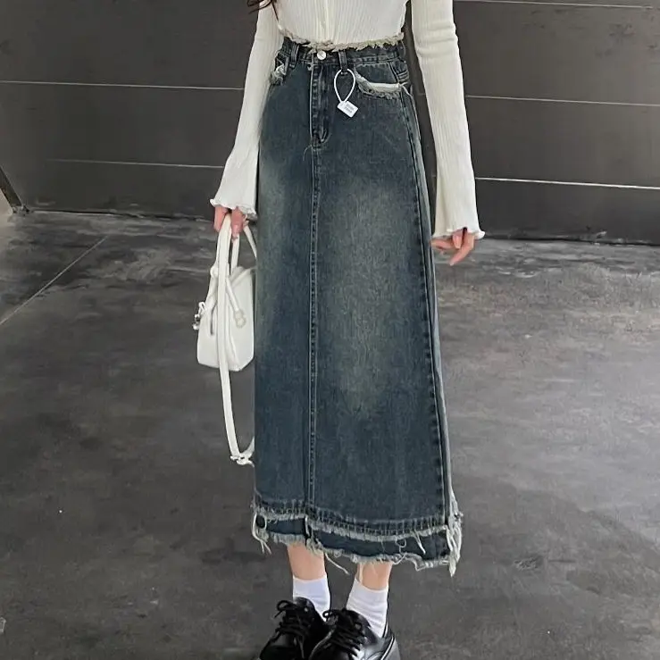 Cv6877_P0k40 - Chân váy jeans dáng dài phối tua rua Nữ Women