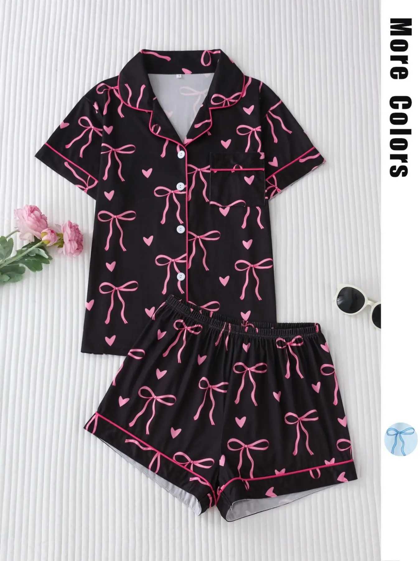 Women's All Over Bow Print Lapel Neck Pocket Shirt & Elastic Waist Shorts Pyjama Two-piece Set, Casual Comfy Short Sleeve Top & Shorts Pj Set, Ladies Sleepwear for All Seasons, Pajamas