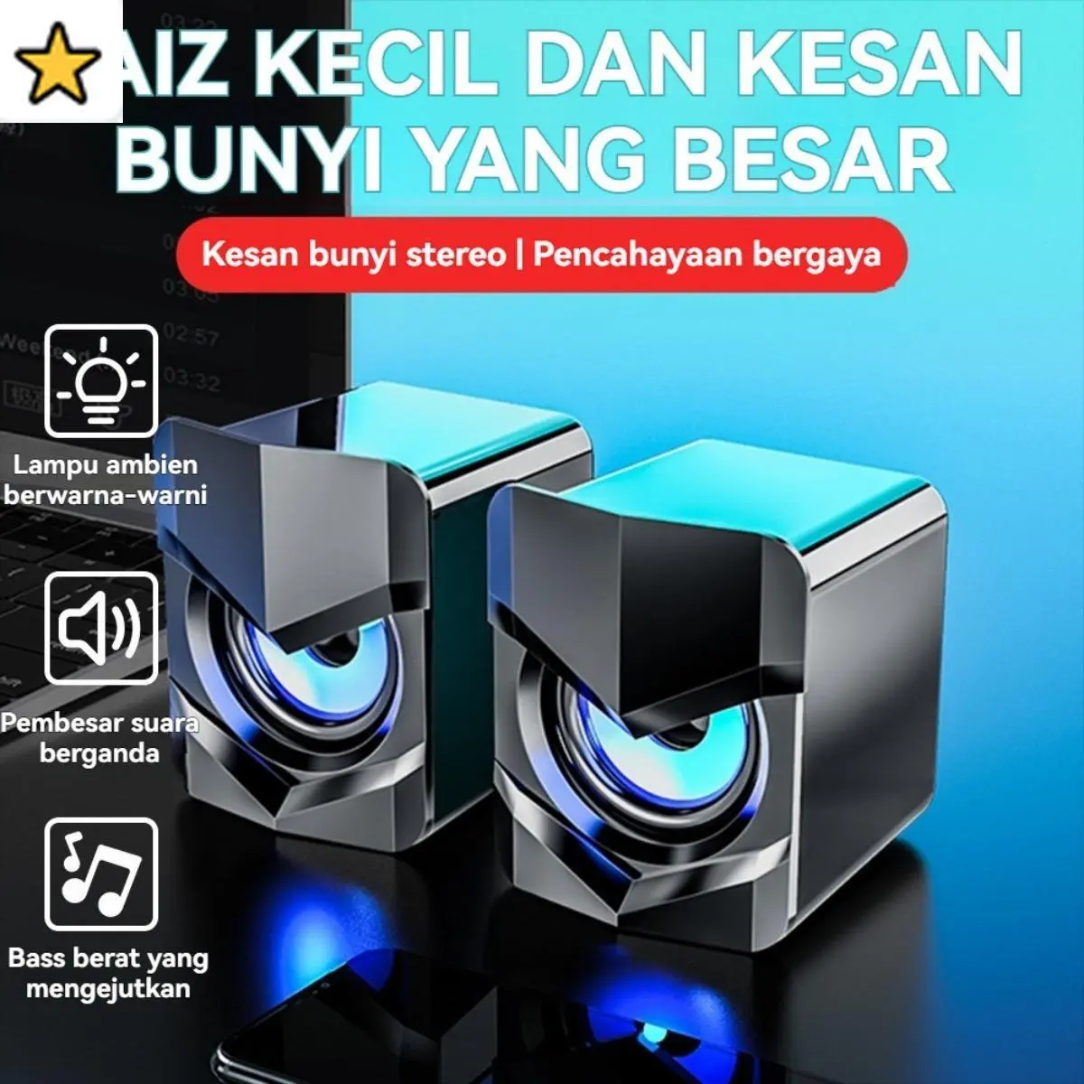USB Bluetooth Speaker with LED Strong Bass Stereo for PC, Laptop and Desktop
