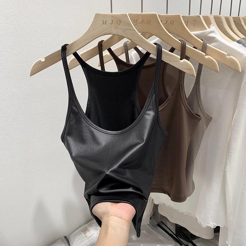 Áo kiểu giả da (kô mút) hai dây ngắn xinh đẹp ( hàng Qc) Top Nữ