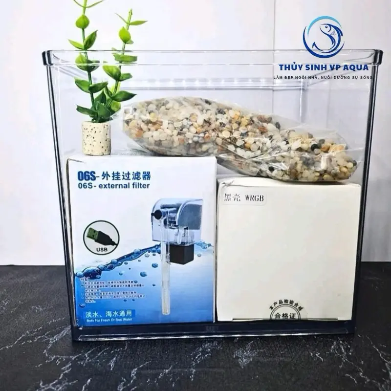 Combo bể cá mini DRC 20*15*18cm kèm phụ kiện lọc + đèn led + sỏi + cây nhựa trang trí