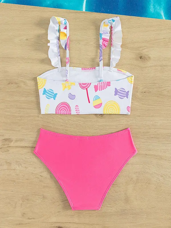 Cute Bikini Set, Casual Cartoon Print Swim Top & Swim Bottom Two-piece Swimsuit for Kids, Kids Swimwear for Beach Holiday Vacation 1