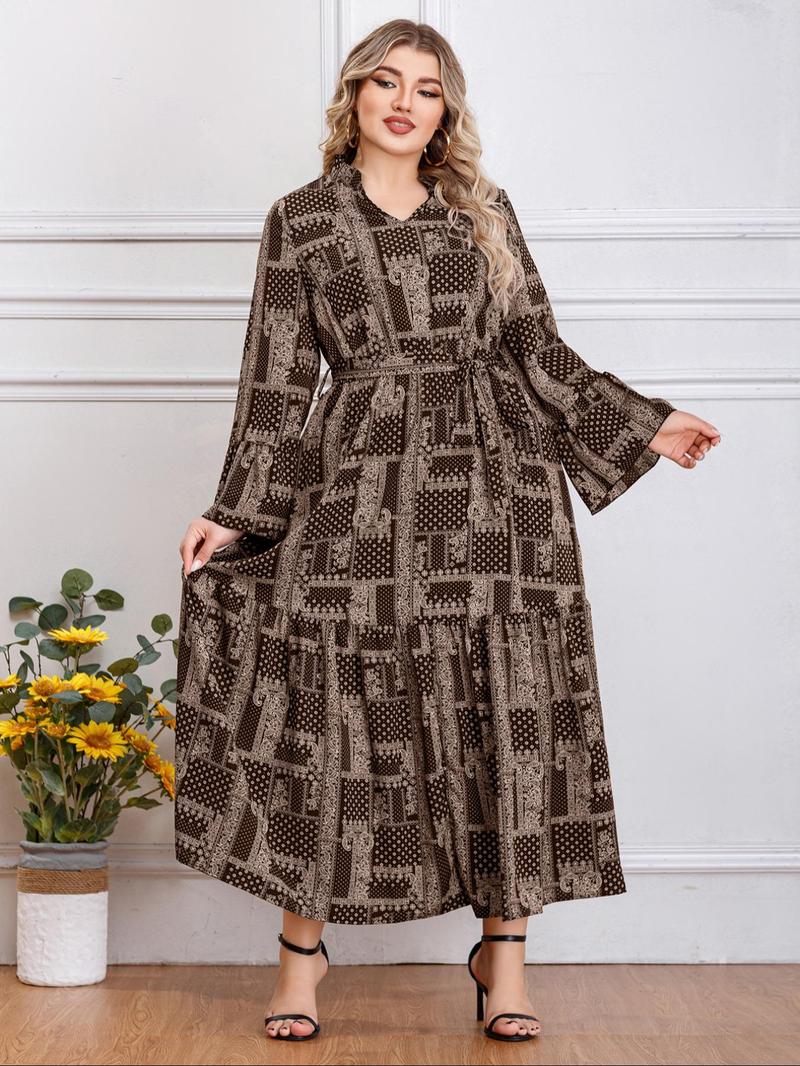Product Introduction of 【Plus Size】 All Over Print Belted Notched Neck Dress, Elegant Flounce Sleeve Dress for Women, Women's Clothing for Summer 5