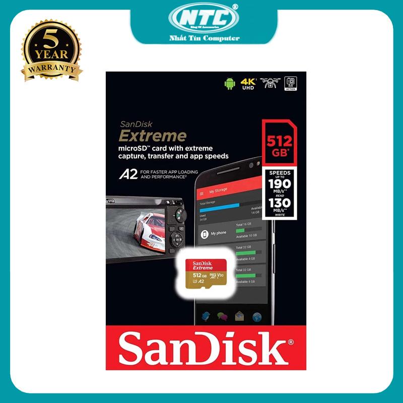 Thẻ nhớ MicroSDXC SanDisk Extreme 512GB V30 U3 4K A2 tốc độ đọc 190MB s ghi 130MB s - chuyên camera flycam máy quay máy game điện thoại máy tính bảng Vàng