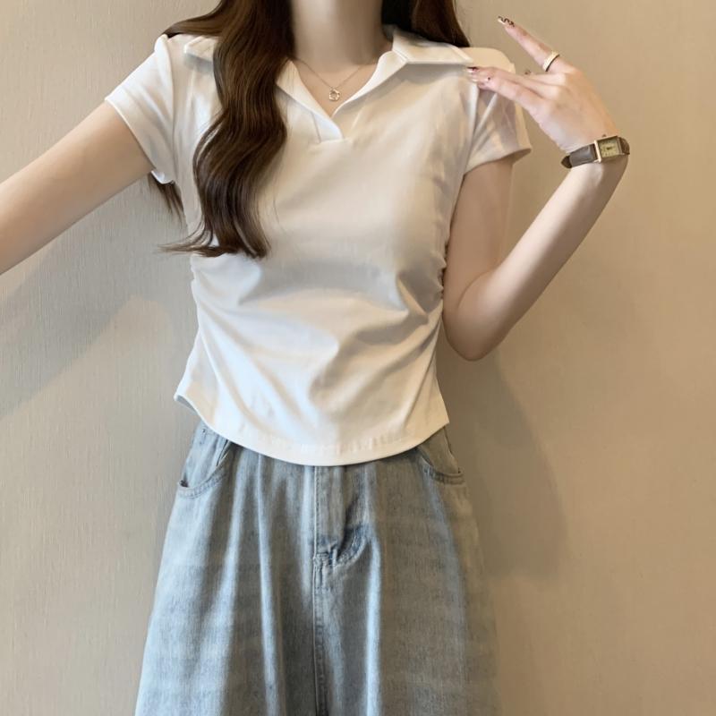 Product Introduction of 106 # Real Shot Real Price 40s Pure Cotton 210g (92% Cotton/8% Spandex) Polo Collar Waist-Cinching Short Sleeve T-Shirt for Women Top Womenswear 4