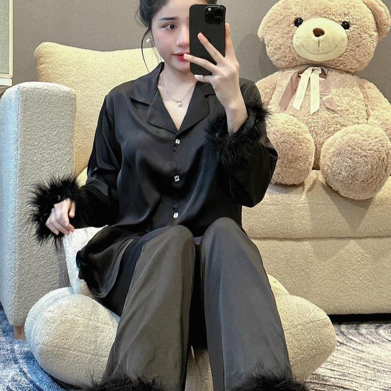 Sét bộ ngủ pijama tay lông mềm mại sang chảnh chất lụa latin mềm mịn siêu mát cho nữ Nữ Women Quần Ngủ Áo Ngủ Nhung Voi Tim Kem