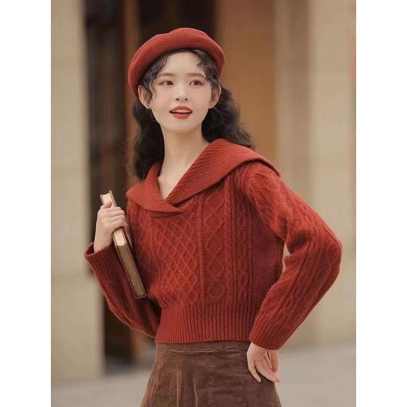 Áo Len Cổ Peter Pan, Phong Cách Cổ Điển Phong Cách Lười Biếng, Ve Áo Lớn, Áo Ngắn Nhỏ Dành Cho Nữ, Mùa Thu / Đông 2024 Hàng Mới Về Women Top 2