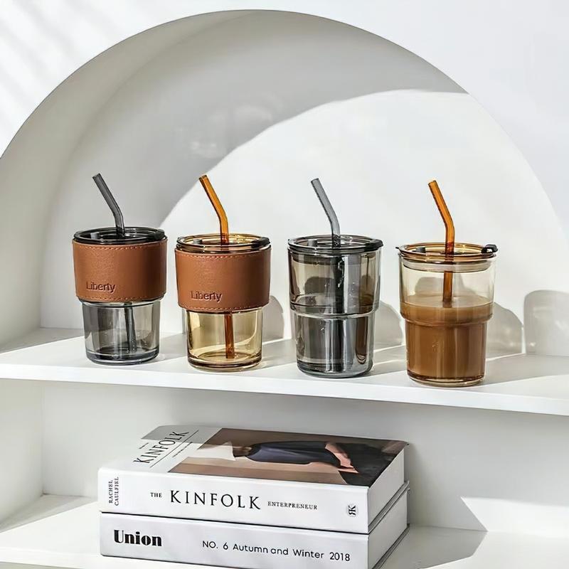 Cốc giữ nhiệt thủy tinh tặng kèm bao da ống hút ly chịu nhiệt dùng uống cafe sang chảnh