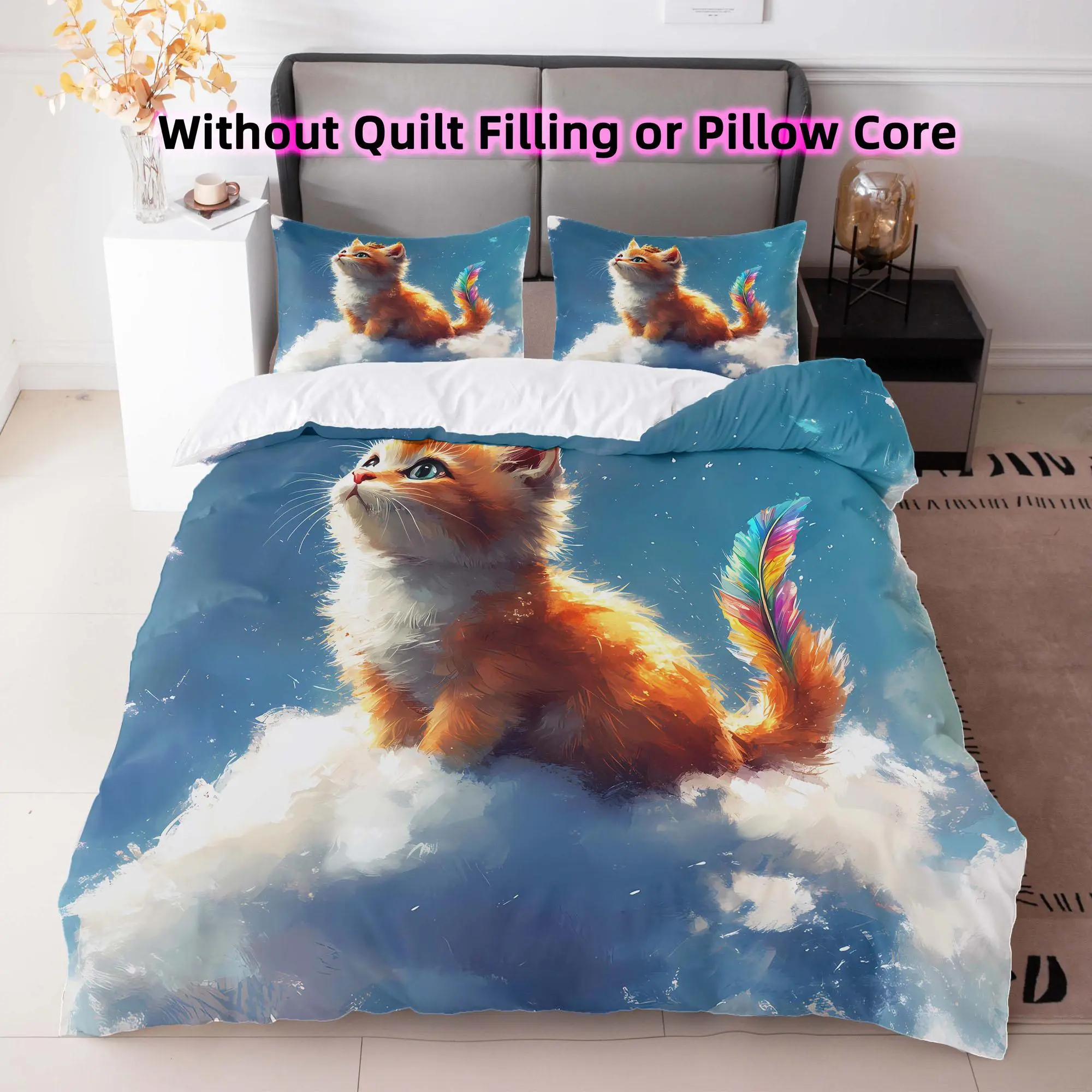 Cartoon Cat Print Duvet Cover Set, 1 Count Duvet Cover & 2 Counts Pillowcase without Filler, Soft Comfortable Bedding Set for Home Bedroom