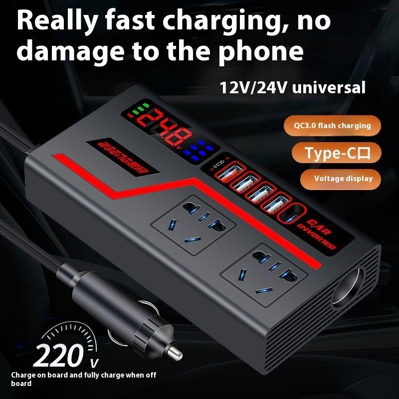 Biến tần ô tô 12V 24V đến 220V Bộ chuyển đổi DC sang AC công suất cao với đầu ra AC kép và cổng USB Bộ biến tần nguồn đa năng Thích hợp cho ô tô xe tải và SUV bộ chuyển đổi 12v sang 220v ô tô Bộ Chuyển Đổi