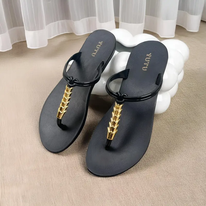 Sandal Jepit Import Model Tali Tengah Variasi Sepatu Romawi untuk Wanita  Fashion 2425-1 Hitam 37