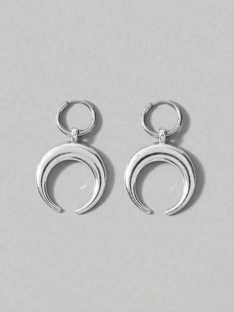Product Introduction of Moon Shaped Dangle Earrings, Punk Exaggerated Silver Horn Earrings, Fashion Ear Jewelry for Party, Daily Clothing Decor, Trendy All-match & Exquisite Jewelry for Gift 3