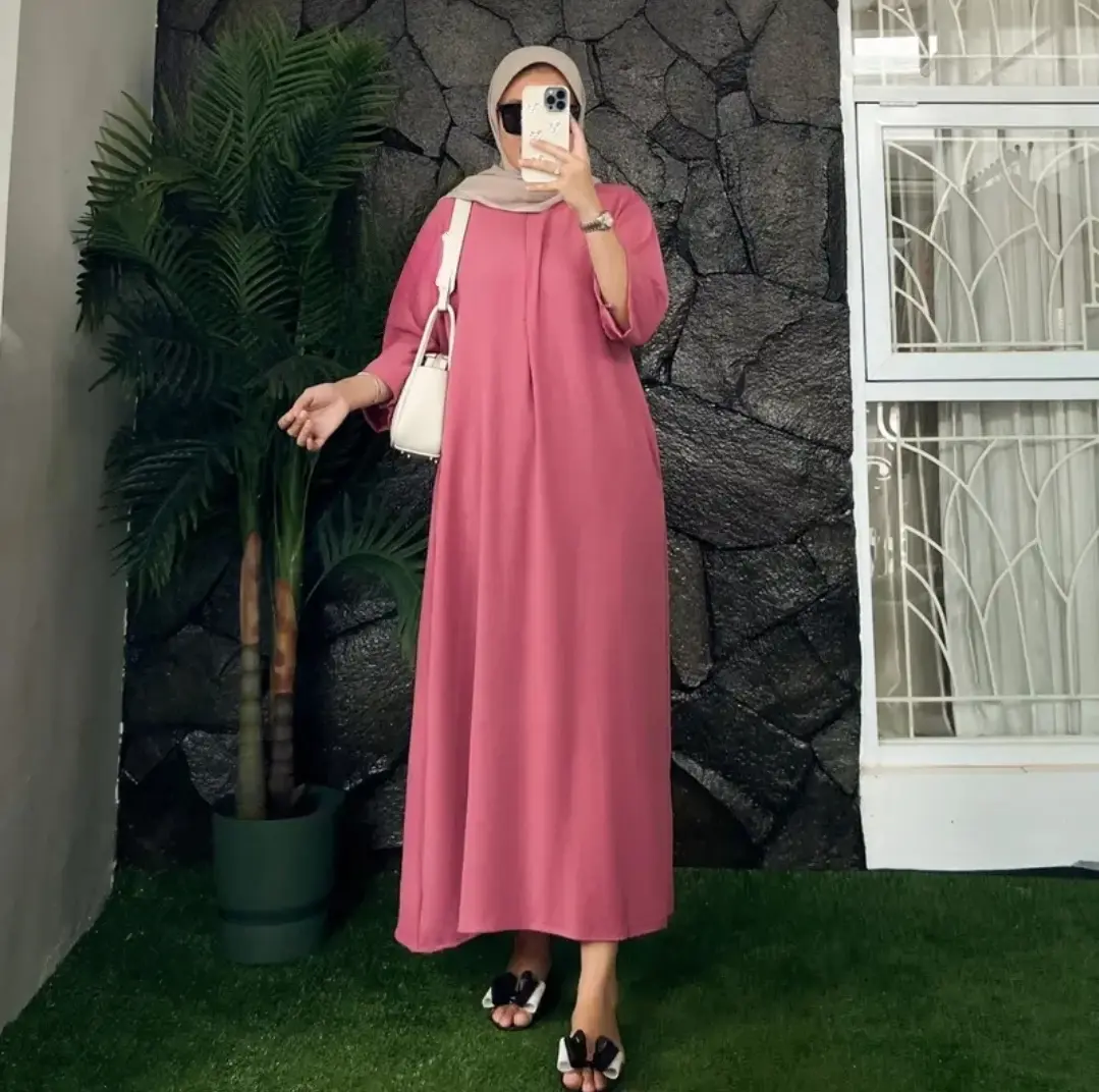 Daster Gamis Wanita dres panjang Lengan 3/4 Busui Resleting Dres Crinkle Airflow Polos Muslim Nyaman Busui