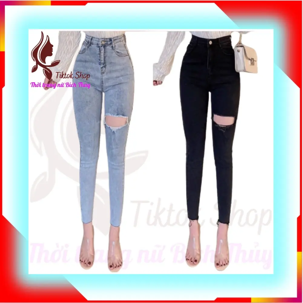 Quần jean nữ lưng cao dáng ôm rách to chất vải dày dặn co giãn 4 chiều Pants Women Denim