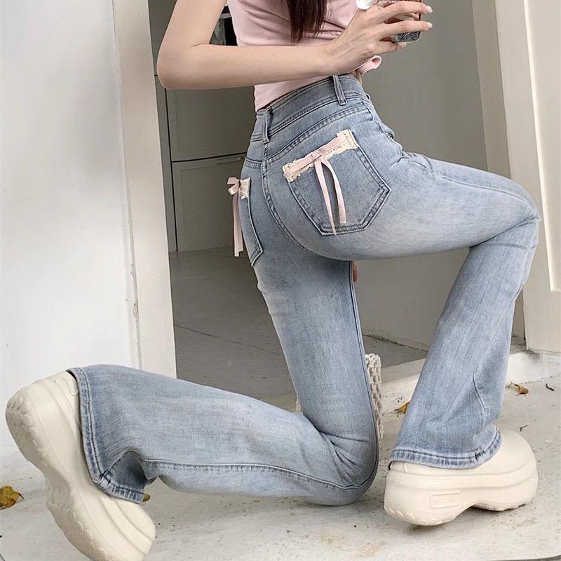 Product Introduction of Quần Dài Jean Mỏng, Dành Cho Phụ Nữ, Phong Cách Cô Gái Nóng Bỏng, Thắt Nơ Và Khâu, Cạp Cao Nhỏ Quần Cánh Bướm Thẳng, 145 Cỡ Women Pants 11