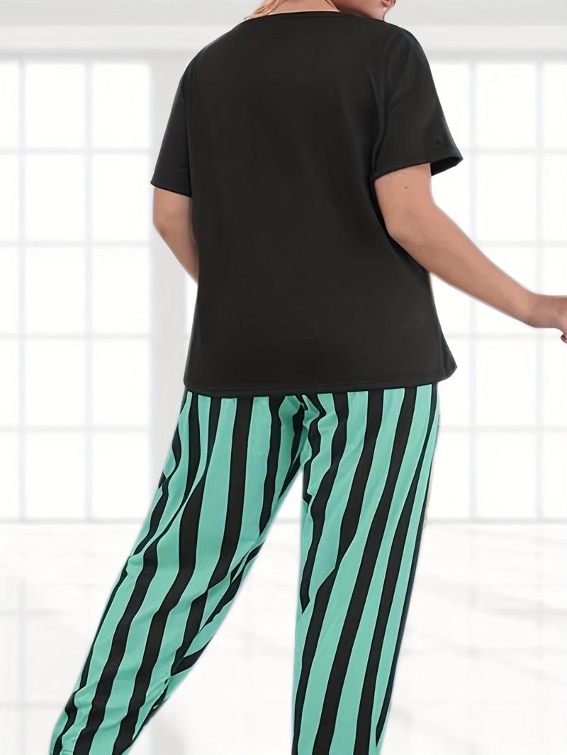 Product Introduction of Plus Size 2pcs Cat Print Tee & Striped Print Elastic Waist Pants Pyjama Set, Casual Cute Round Neck Short Sleeve T-Shirt & Trousers PJ Set, Women's Sleepwear for All Seasons 3