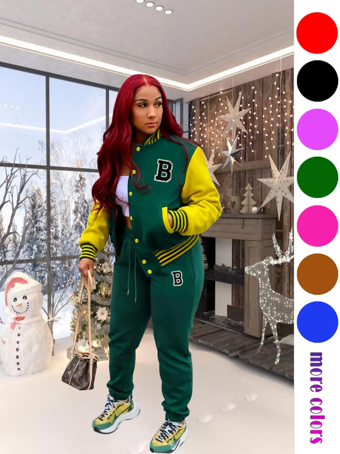 Women's Colorblock Letter Patched Pocket Co-ord Set, Casual Button Front Bomber Long Sleeve  Jacket & Drawstring Waist Jogger Pants Set, National Day Clothing