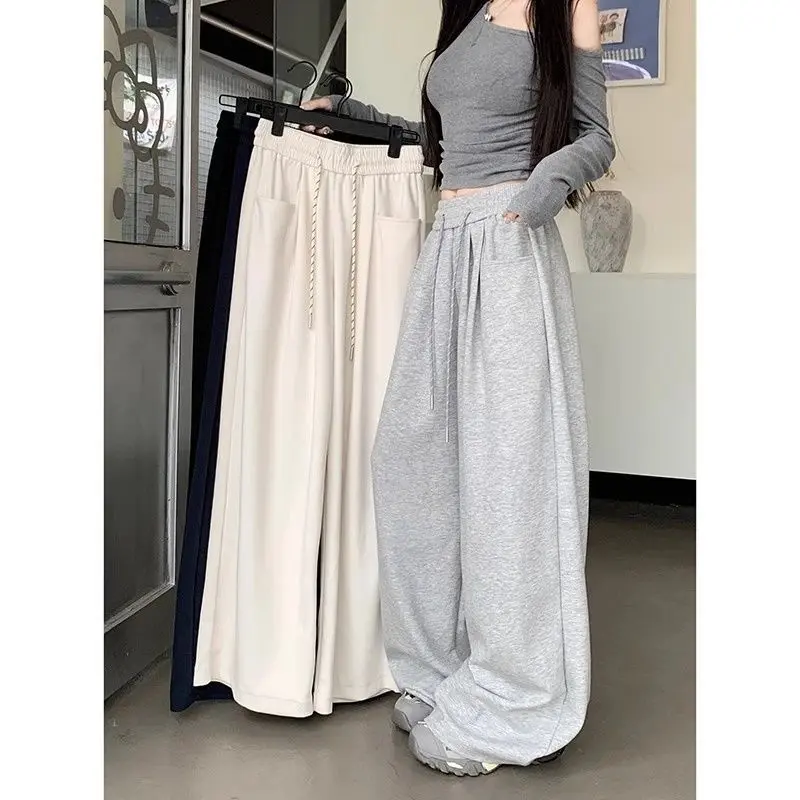 【Seagull Famous】Quần Thường Ngày Màu Xám, Phong Cách Thường Ngày Quần Nỉ Thể Thao Mùa Thu, Quần Ống Đứng Ống Rộng Dáng Rộng, Cạp Cao, Quần quét đất Nhà Nữ Women Pants