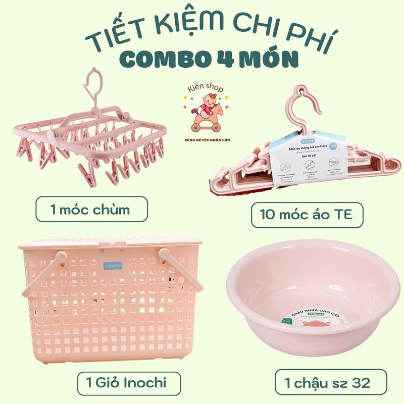 Combo Giỏ xách quai giữa có nắp Hokori Việt Nhật, Làn đi sinh cho mẹ và bé, Móc quần áo sơ sinh 185, Chậu rửa mặt và Móc chùm phơi tất Rổ