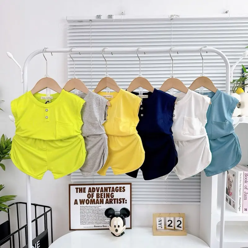 Bộ sát nách thun lạnh trơn 6 màu phối nút cho bé size 90-160(9-28kg)